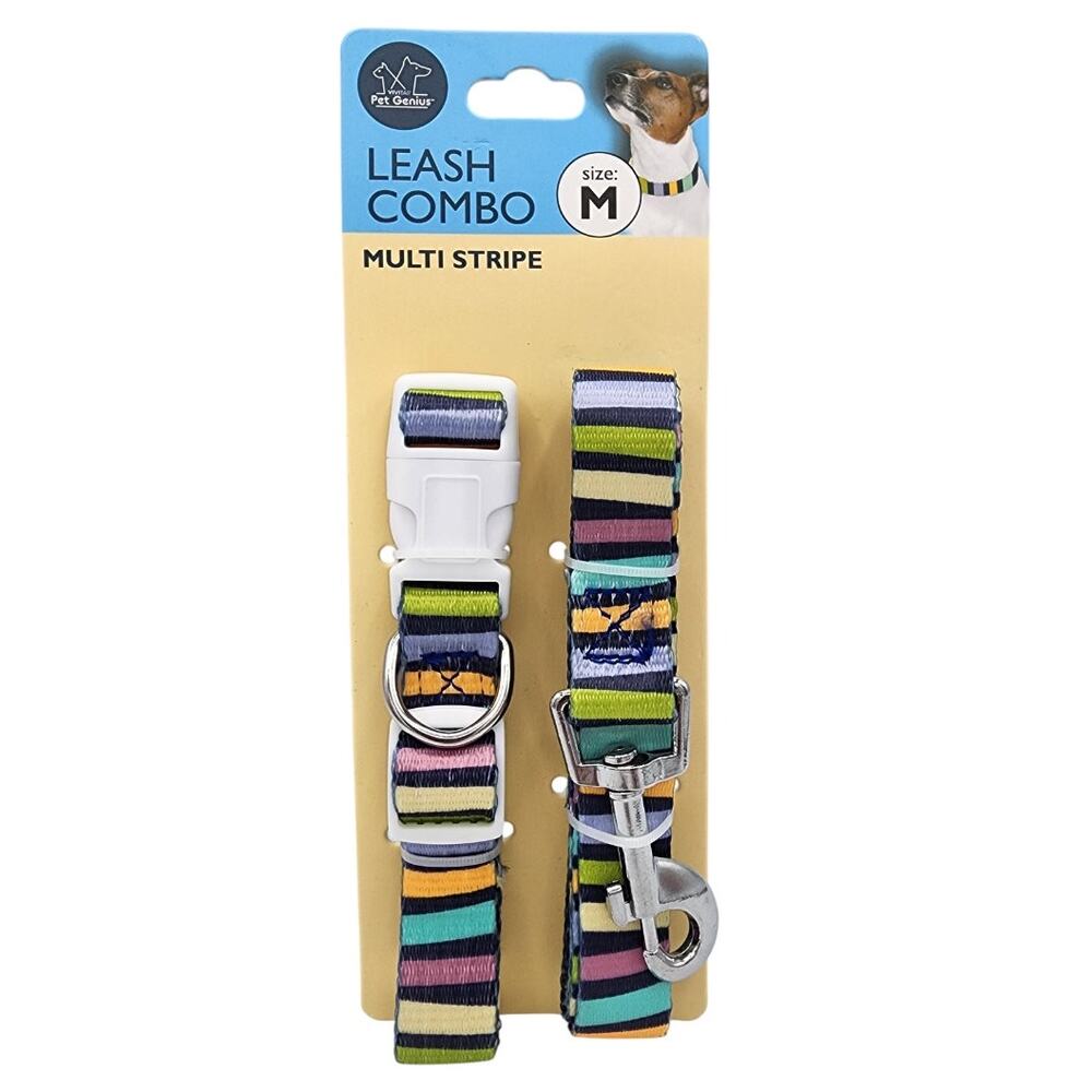 NEW Vivitar Pet Genius Multi Stripe Adjustable Dog Collar & Leash Combo, Size M